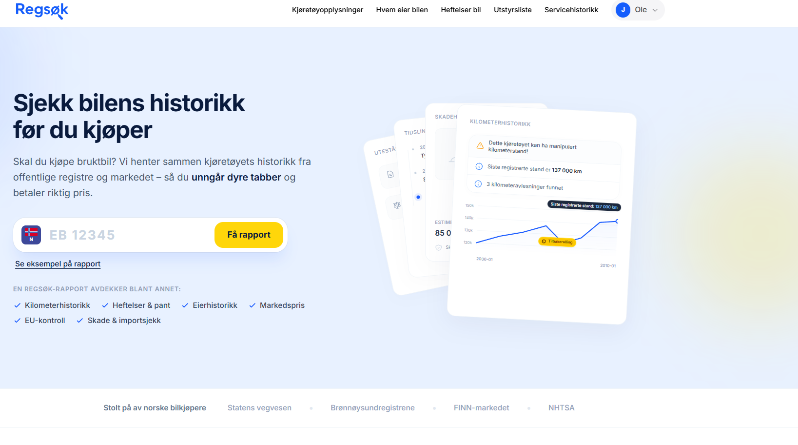 Skjermbilde av Regsøks tjeneste for oppslag på bilhistorikk